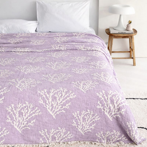 Coral 4 Kat Müslin Çift Kişilik Yatak Örtüsü/Pike Lila