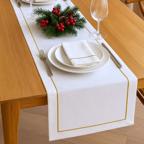 Nakış Bordürlü Dokuma Keten Runner 50x150 cm Gold