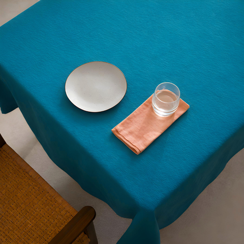 Genoa Dokuma Keten Leke Tutmaz Masa Örtüsü Petrol Mavisi