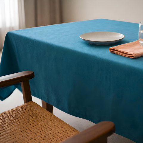 Genoa Dokuma Keten Leke Tutmaz Masa Örtüsü Petrol Mavisi
