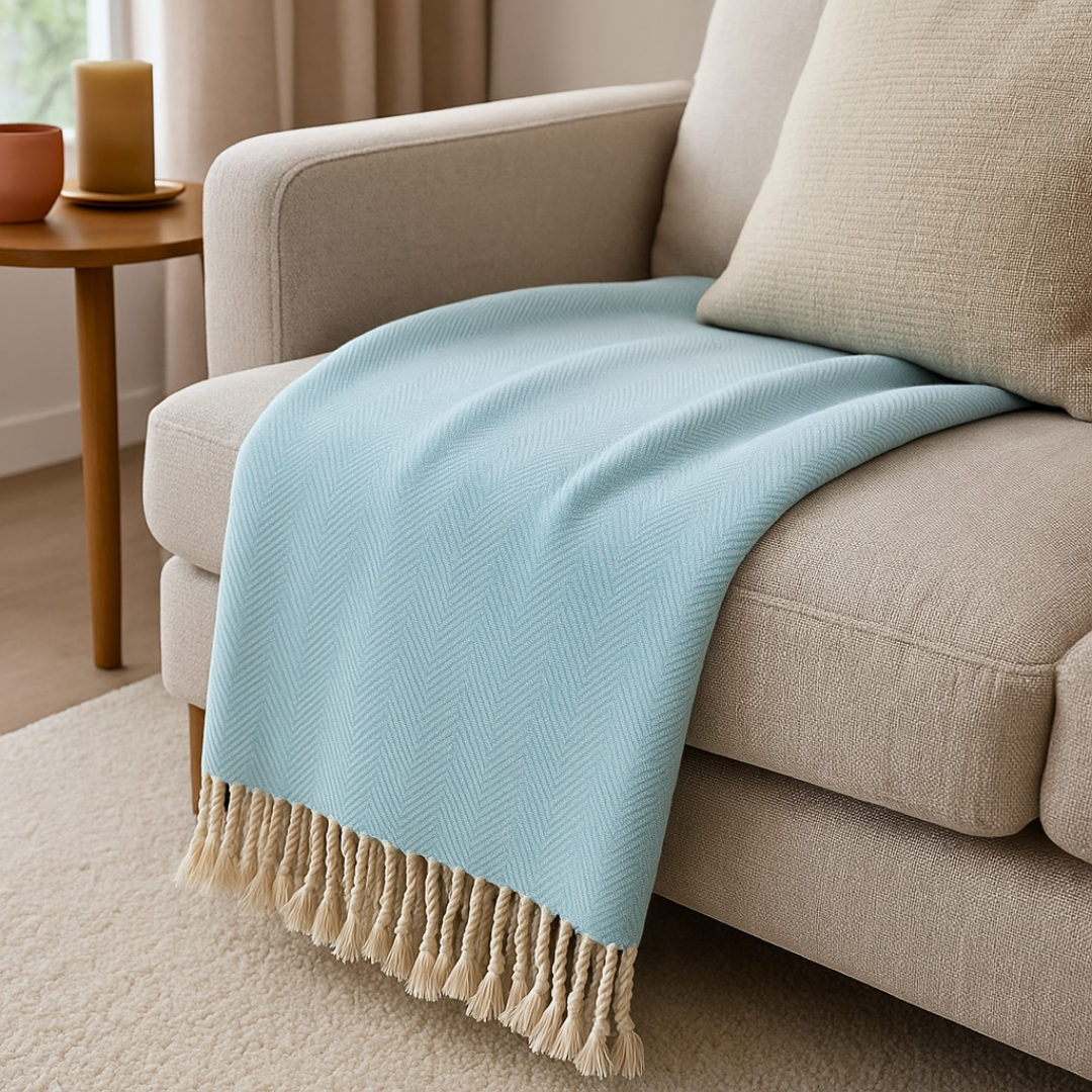 Laura %100 Pamuk Throw Battaniye 150x200 cm Buz Mavisi