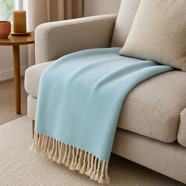 Laura %100 Pamuk Throw Battaniye 150x200 cm Buz Mavisi