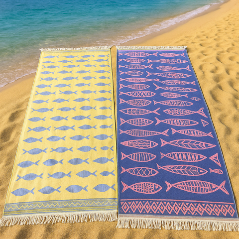 Fish Throw Müslin Pamuk Peştamal Seti 100x180 cm Lacivert/Sarı