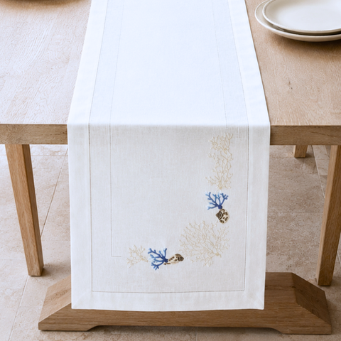 Corallia Nakışlı Keten Runner 50x160 cm Mavi