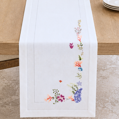 Corallia Nakışlı Keten Runner 50x160 cm Mercan