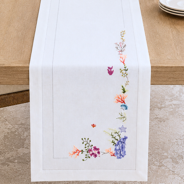 Corallia Nakışlı Keten Runner 50x160 cm Mercan