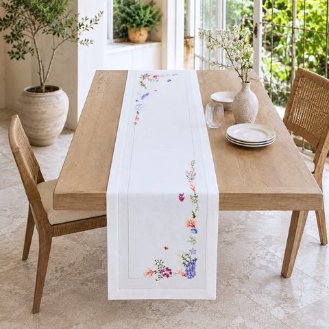 Corallia Nakışlı Keten Runner 50x160 cm Mercan