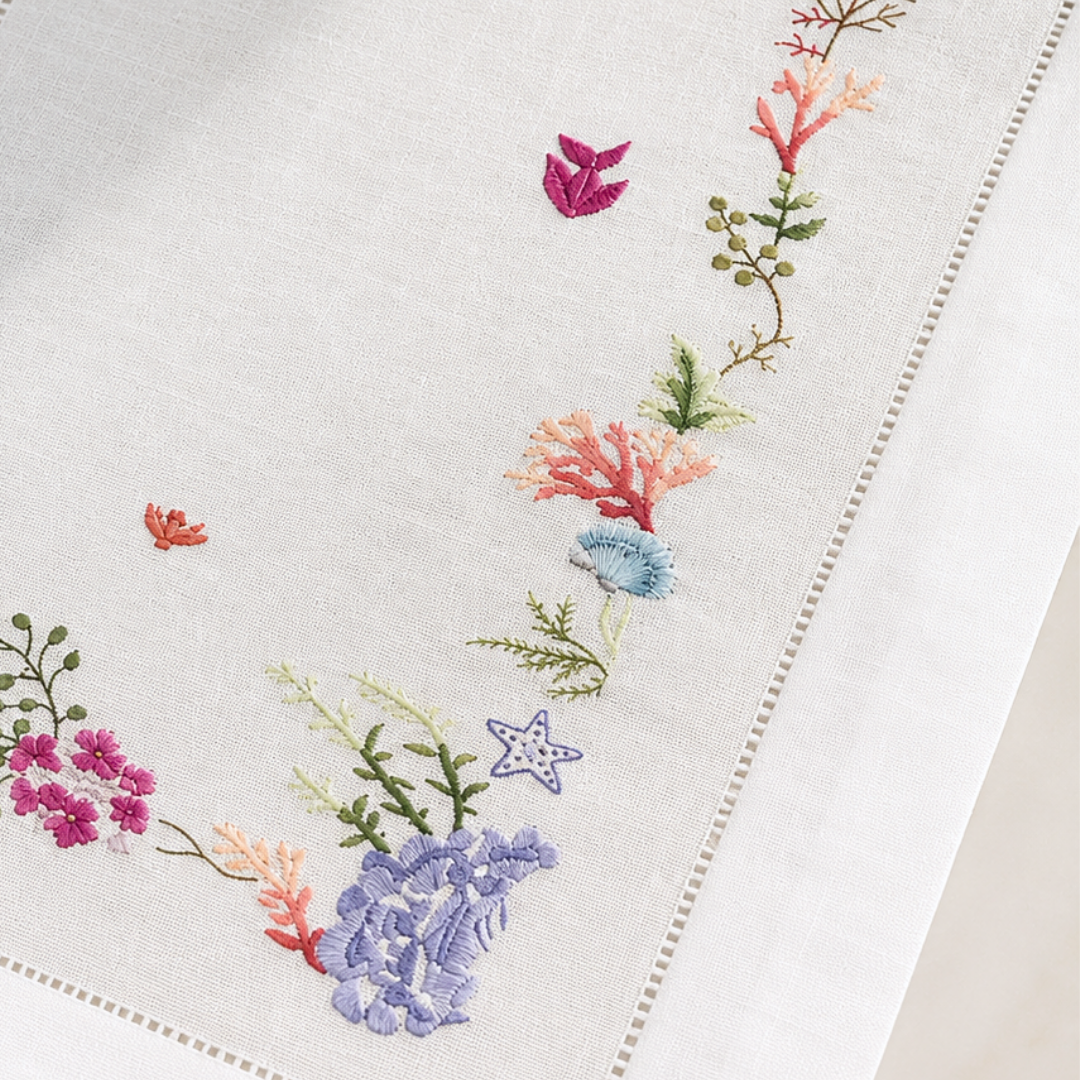 Corallia Nakışlı Keten Runner 50x160 cm Mercan