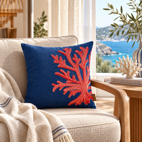 Coral Premium Denim Nakışlı Kırlent Kılıfı 45x45 cm