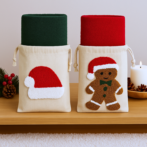 Ginger & Santa Kanaviçe Nakışlı Yılbaşı Hediye Kesesi 30x20 cm (2'li Set)