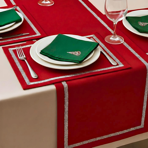 Veloura Leke Tutmaz Nakışlı Keten Amerikan Servisi 35x50 cm Kırmızı (2'li Set)