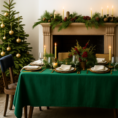 Genoa Dokuma Keten Leke Tutmaz Masa Örtüsü Çam Yeşili