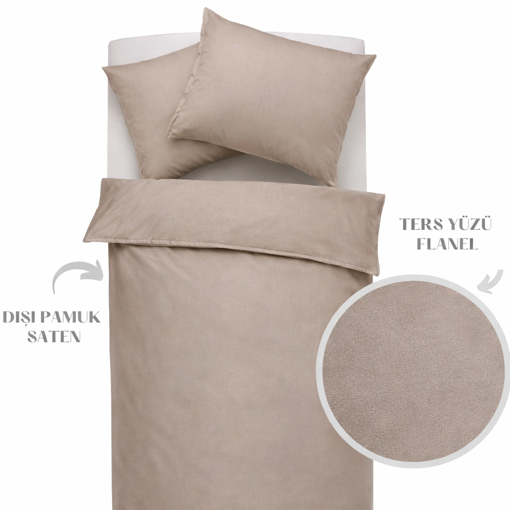 Mary Flanel Saten Çift Kişilik Nevresim Seti 200x220 cm Vizon
