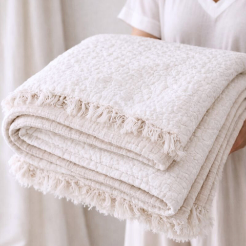 Harman Tek Kişilik Dokulu Saf Pamuk Yatak Örtüsü 180x240 cm Krem