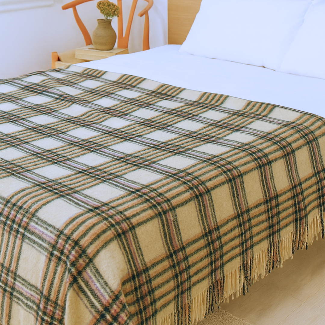 Woolmark Tartan Çift Kişilik Saf Yün Battaniye Pembe/Krem