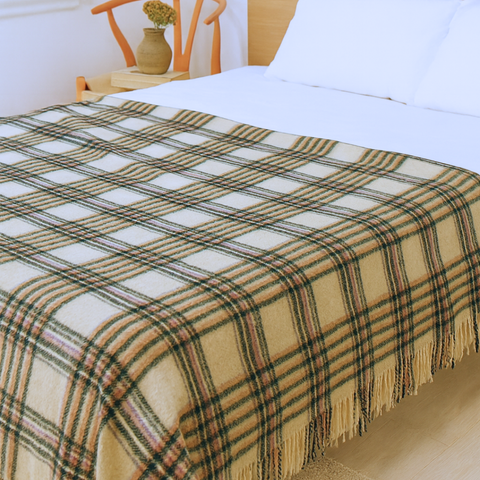 Woolmark Tartan Çift Kişilik Saf Yün Battaniye Krem