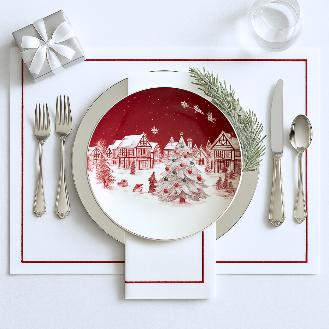 Nakış Bordürlü Dokuma Keten Amerikan Servisi 30x50 cm Kırmızı (2'li Set)