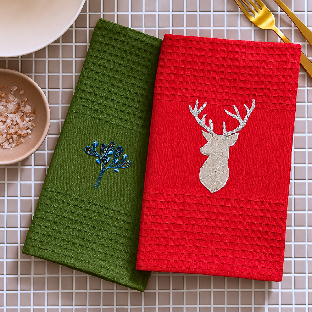 Petek Dokulu Nakışlı Mutfak Kurulama Havlusu Kırmızı