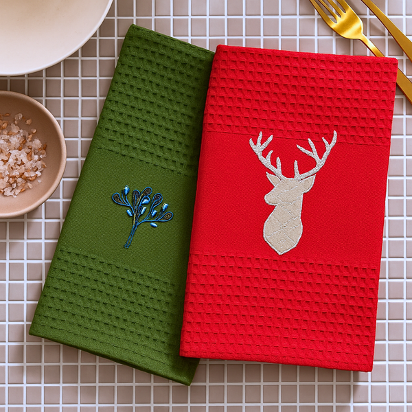 Petek Dokulu Nakışlı Mutfak Kurulama Havlusu Kırmızı