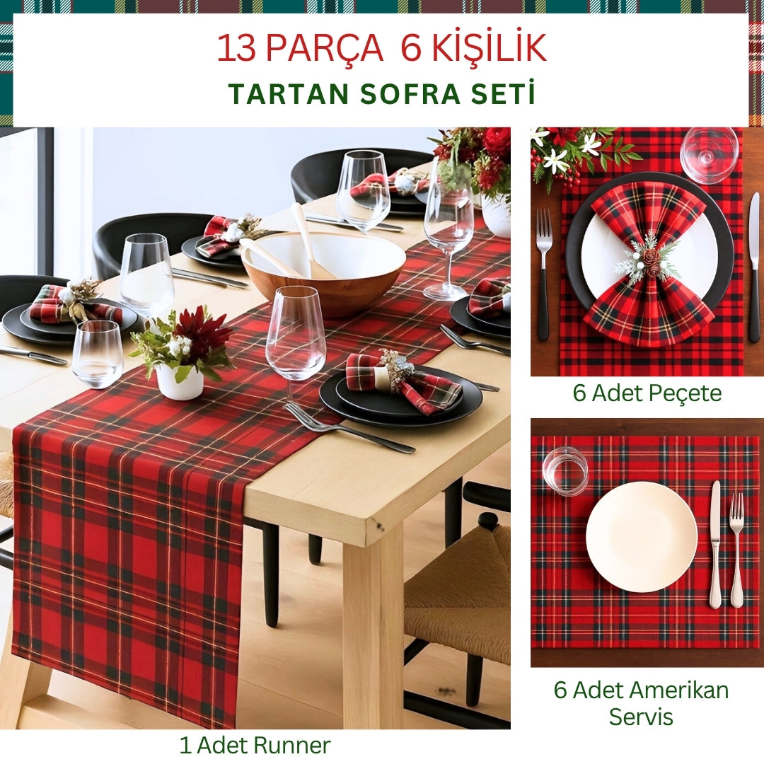 Tartan 6 Kişilik 13 Parça Leke Tutmaz Sofra Seti Kırmızı