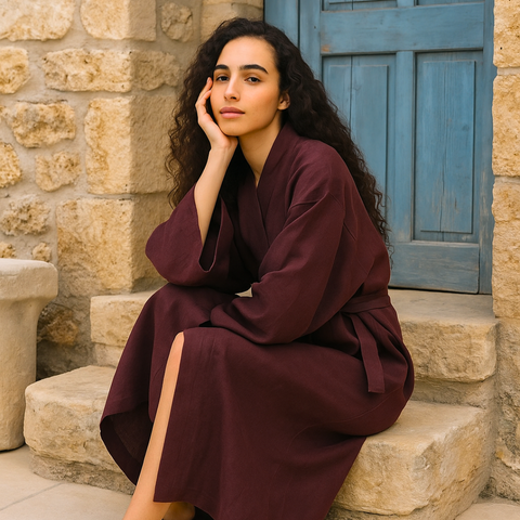 Luz Yıkanmış Keten Kimono Bordo