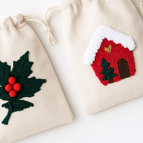 Winter Cottage Kanaviçe Nakışlı Yılbaşı Hediye Kesesi 15x20 cm (2'li Set)