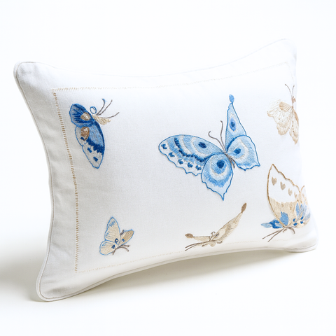Marbella Kelebek Nakışlı Keten Kırlent Kılıfı 30x40 cm Mavi