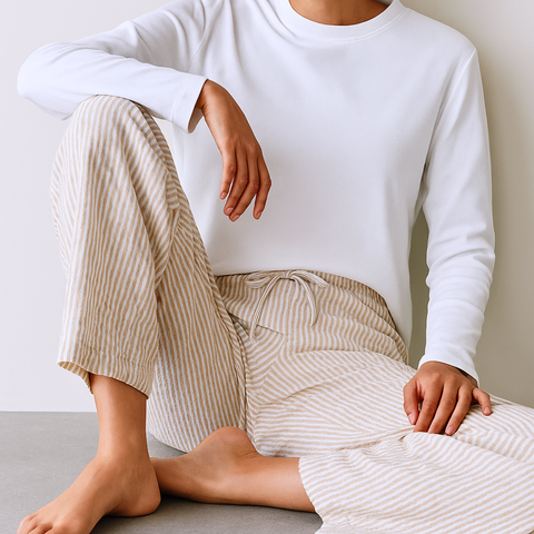 Gofre %100 Pamuk Kadın Pijama Takımı Bej