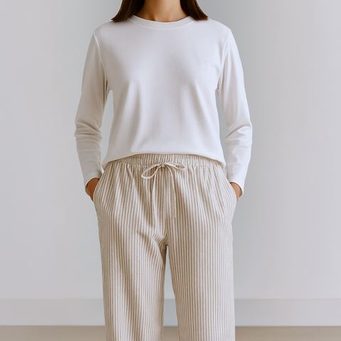 Gofre %100 Pamuk Kadın Pijama Takımı Bej