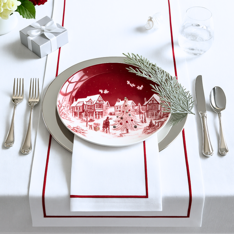 Nakış Bordürlü Dokuma Keten Runner 50x150 cm Kırmızı