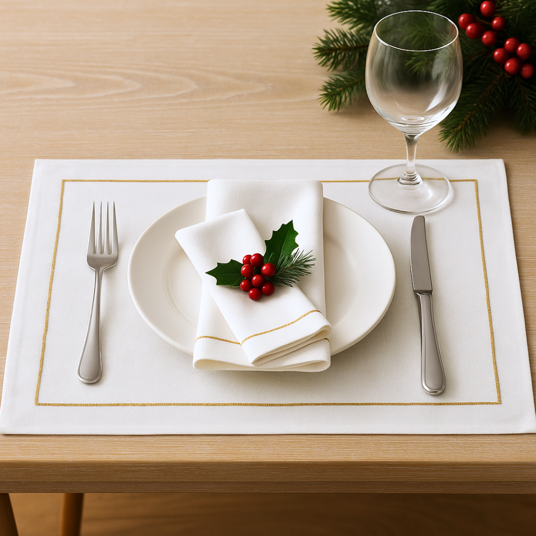 Nakış Bordürlü Dokuma Keten Amerikan Servisi 30x50 cm Gold (2'li Set)