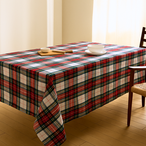 Tartan Leke Tutmaz Masa Örtüsü Beyaz