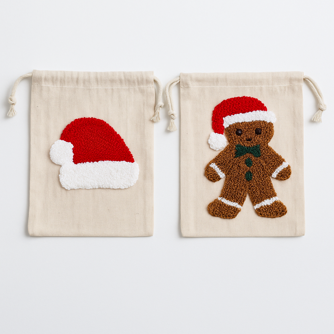 Ginger & Santa Kanaviçe Nakışlı Yılbaşı Hediye Kesesi 15x20 cm (2'li Set)