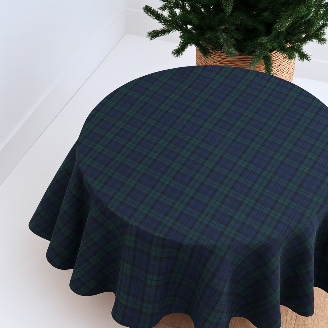 Tartan Leke Tutmaz Yuvarlak Masa Örtüsü Lacivert