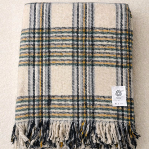 Woolmark Tartan Çift Kişilik Saf Yün Battaniye Yeşil/Krem