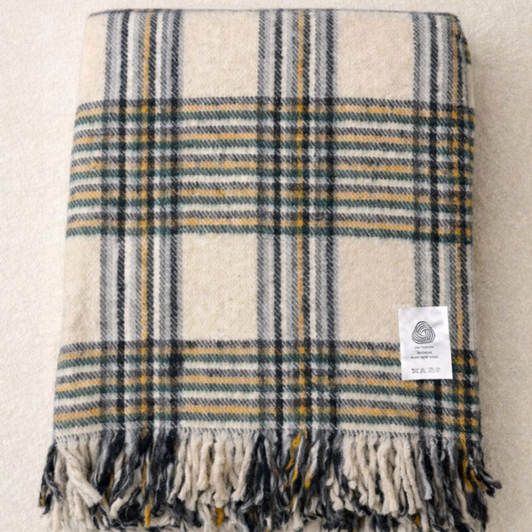 Woolmark Tartan Çift Kişilik Saf Yün Battaniye Yeşil/Krem