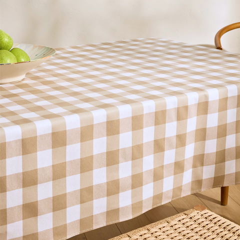 Check Dokuma Keten Leke Tutmaz Masa Örtüsü Bej