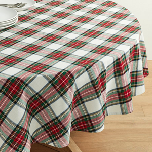 Tartan Leke Tutmaz Yuvarlak Masa Örtüsü Beyaz