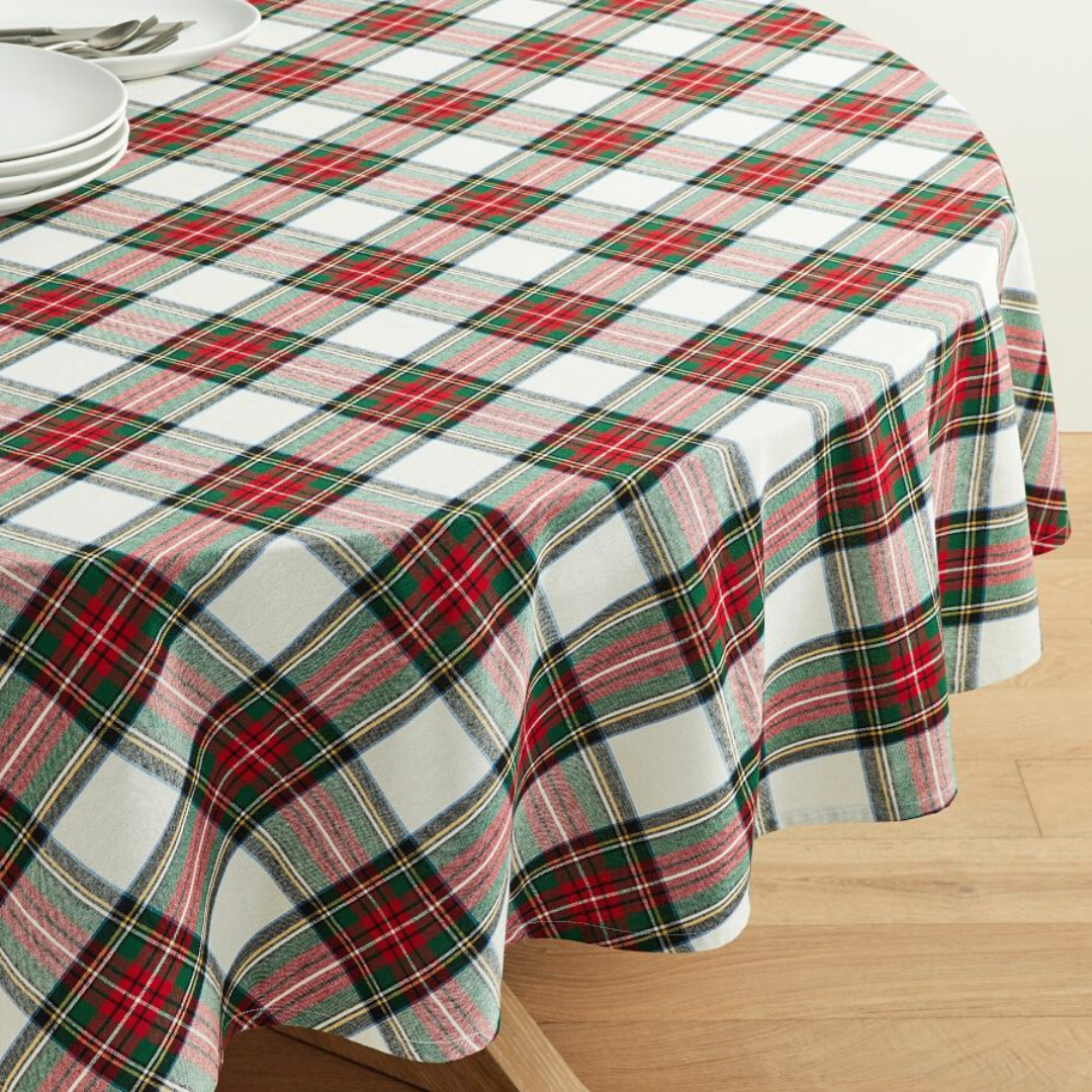 Tartan Leke Tutmaz Yuvarlak Masa Örtüsü Beyaz