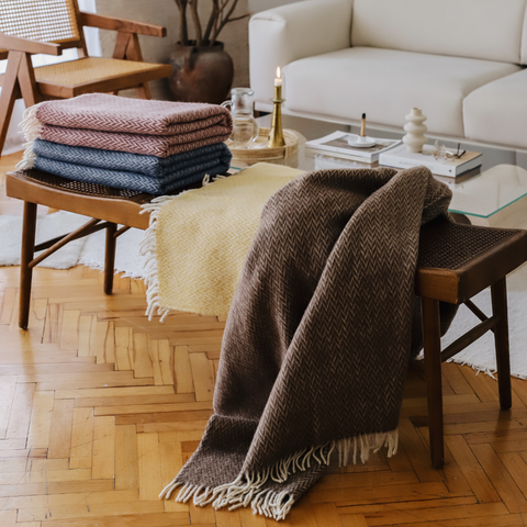 Woolmark Herringbone Tek Kişilik Saf Yün Battaniye Lacivert