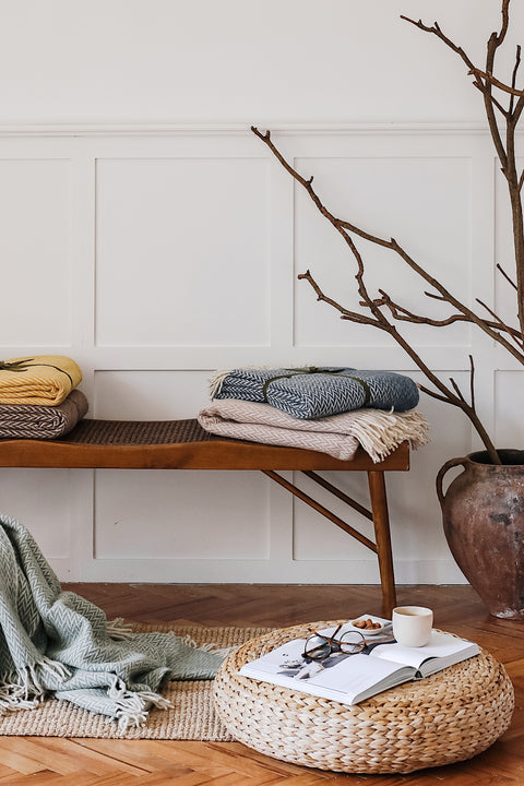 Woolmark Herringbone Tek Kişilik Saf Yün Battaniye Lacivert