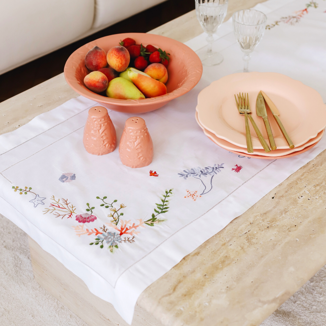 Corallia Nakışlı Keten Runner 50x160 cm Mercan
