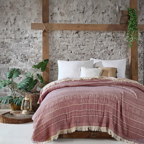 Toscana Çift Kişilik 4 Kat Müslin Yatak Örtüsü 240x260 cm Vişne