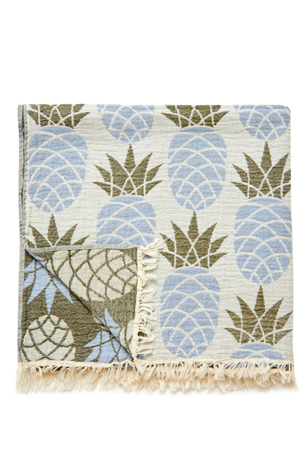 Pineapple Throw Dokulu Müslin Pamuk Peştamal Mavi