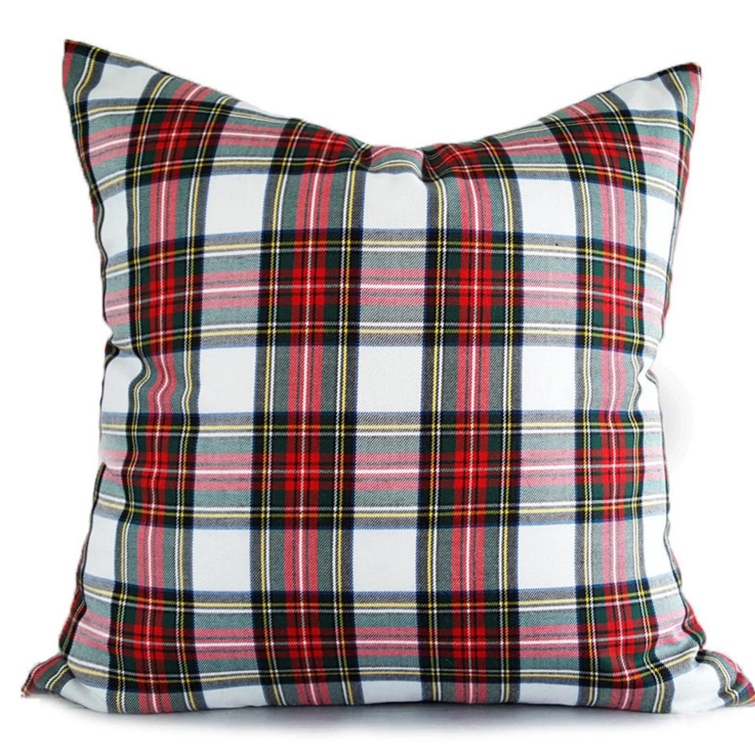 Tartan Ekose Kırlent Kılıfı 45x45 cm Beyaz