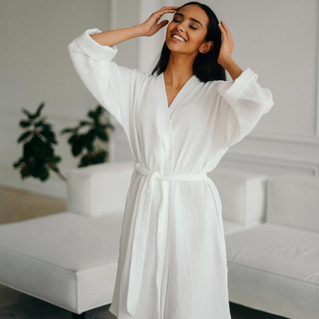 Navigli Müslin Pamuk Unisex Bornoz-Sabahlık Beyaz