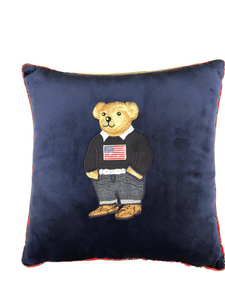 Teddy Bear Nakışlı Kadife Kırlent Lacivert