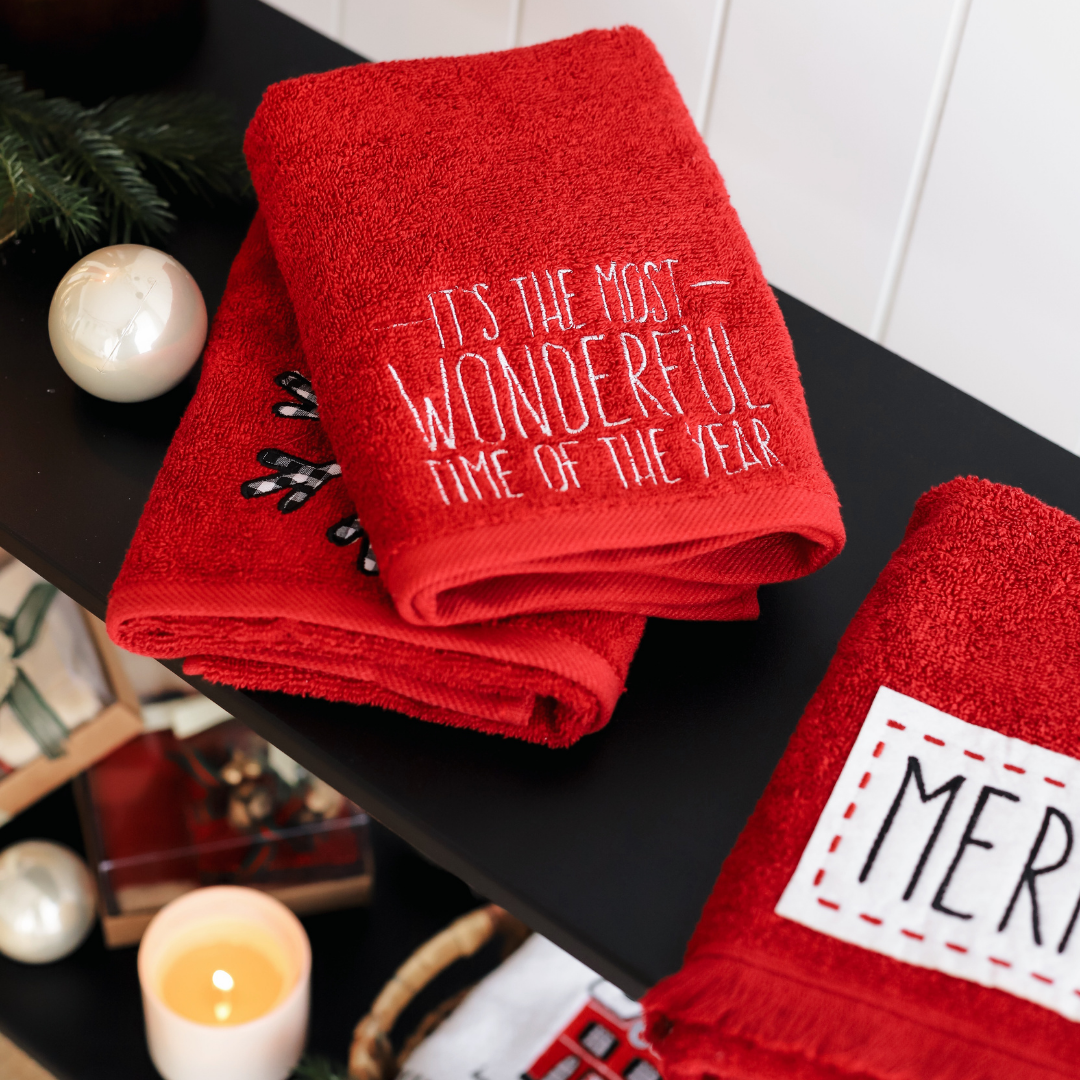 New Year Motto Nakışlı Yüz Havlusu Kırmızı 50x80 cm