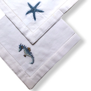 Marine Nakışlı Keten Peçete Seti (4'lü Paket)